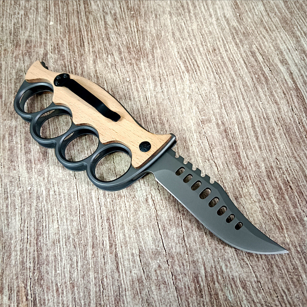 Outdoor survival knife, four-finger knuckle duster ring, high-hardness sharp stainless steel cutter, solid wood handle, sharp